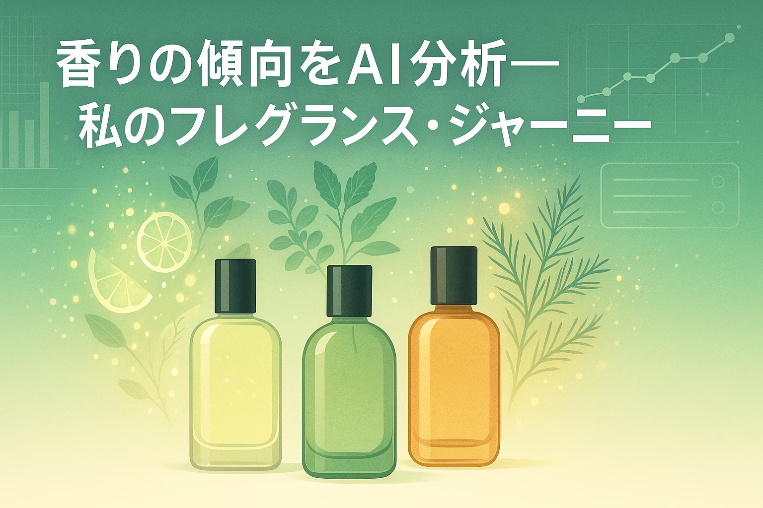 香水3本と、それぞれの香りを表すグリーンやシトラスのイメージに、AI的なグラフィックが重ねられたデジタルイラスト。タイトル『香りの傾向をAI分析──私のフレグランス・ジャーニー』入り